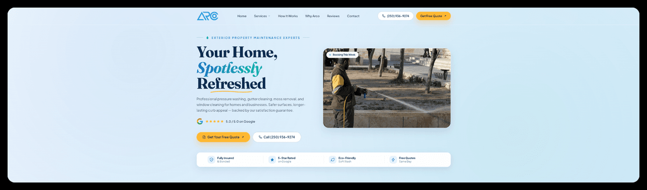 Arco Window Cleaning website hero section