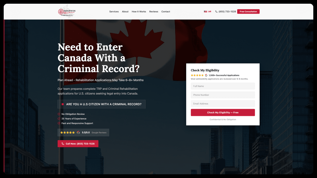 Nationwide Pardon Services landing page with an eligibility check form