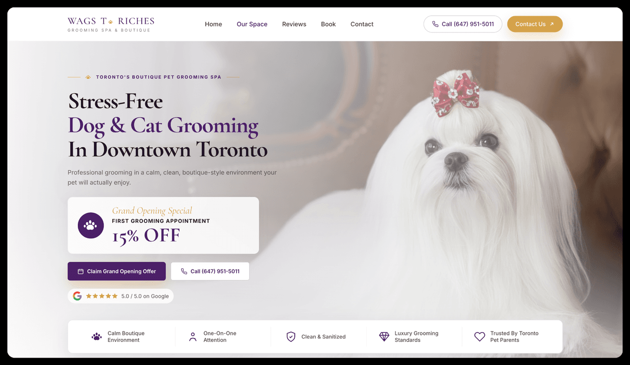 Wags To Riches grooming spa landing page hero with booking offer